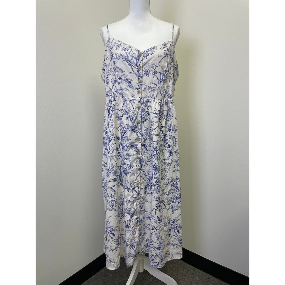 HM Linen Blend Blue White Floral Toile Button Front Midi Dress XL Smocked Back